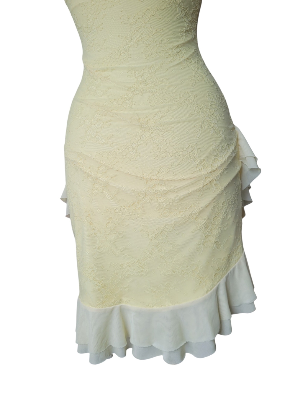 Tiger Mist Strapless Lace Dress Asymmetrical Ruffle Hem Pale Yellow - Picture 7 of 16